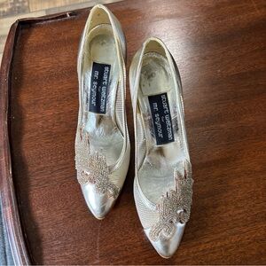 Stuart Weitzman Gold Women's Shoes heels Mesh With Beaded Appliqué metallic